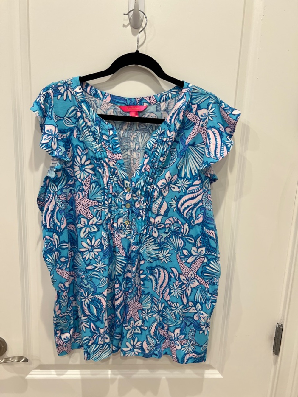 Lilly Pulitzer Turquoise Floral Ruffle V-Neck Blouse